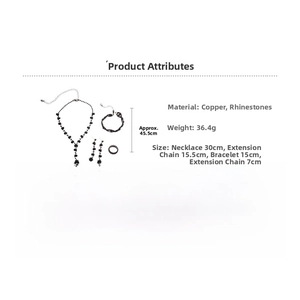 Detailed size and material chart for black rhinestone jewelry set with necklace and rings
