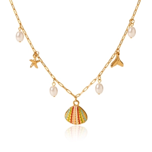 Detail of necklace with pearls, starfish, whale tail, and striped shell charms