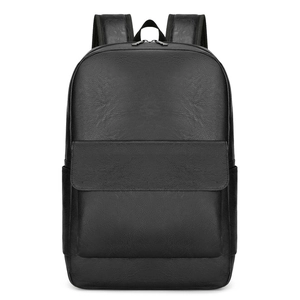 Front view of a black business commuter backpack with high-quality leather texture