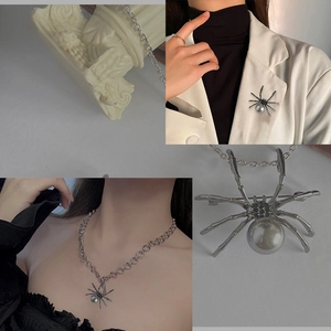 Dual-use spider brooch and necklace pendant with grey pearl and black rhinestones