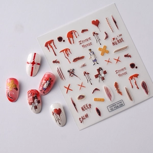 Stickers ongles 5D Halloween infirmière zombie avec motifs de sang et sutures 3D