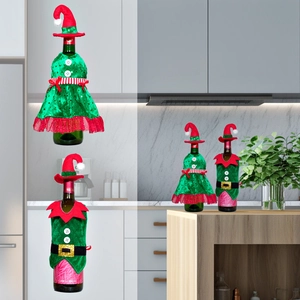 Christmas wine bottle covers with elf and sequin dress designs for festive table decor