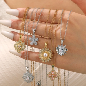 Collier Pendentif Fleur Chaîne Acier Inoxydable Cuivre Zircone Künstliche Perle Coquille Bijoux Floraux Doux Pour Femmes Cadeau