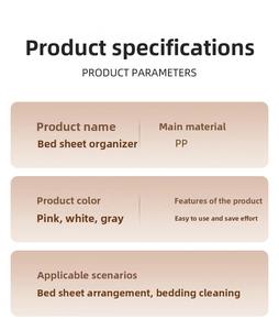 Specifications for PP bedsheet organizer in pink, white, and grey color options