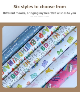 Detail showing six rolls of assorted gift wrapping paper with birthday and party patterns
