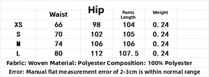 Guide des tailles détaillant taille, hanches et longueur pour pantalon en satin