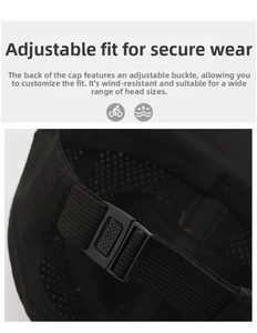 Detail view of adjustable buckle and breathable mesh fabric on a black baseball cap