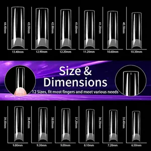 Size chart showing 12 dimensions of ultra-thin transparent long square false nail tips