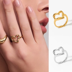 Heart Ring Stainless Steel Adjustable Hollow Hammered Design Jewelry For Women Fashion Niche Style