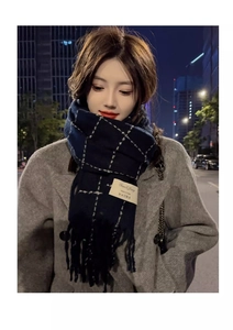 Detailed close-up of navy blue plaid scarf with fringe and brand label on coat