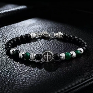 Mens stainless steel cross bracelet with 6mm black and green tiger eye beads on leather