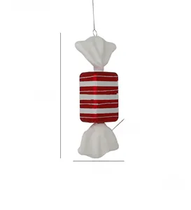 Detail showing red and white striped Christmas candy ornament with size dimensions of 19cm