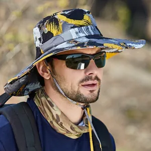 Chapeau de soleil camouflage à large bord avec cordon réglable pour la randonnée en plein air