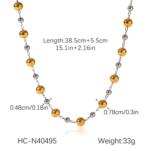 Detail view of two-tone stainless steel ball chain necklace with size and weight specs