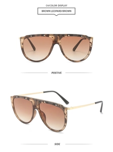 Detailed views of brown leopard print sunglasses with gold metal temples and rivets