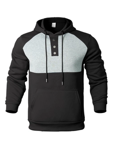 Detail of hoodie neckline featuring metal buttons, drawstrings and gray contrast splicing