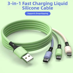 Close-up of 3-in-1 nylon braided fast charging cable with multi-port macaron colors