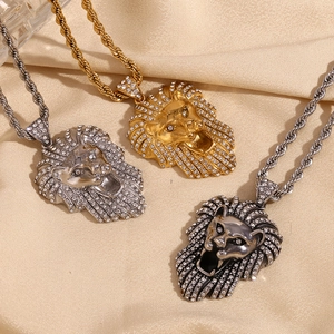 Collier Pendentif Tête De Lion Hip Hop Acier Inoxydable Plaqué Or 18K Strass Chaîne Torsadée Bijoux Homme