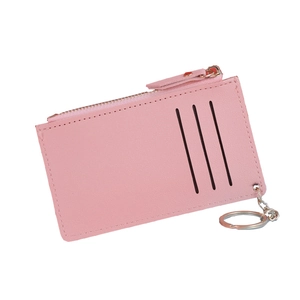 Pink PU leather credit card holder with zipper pocket and metal keychain ring
