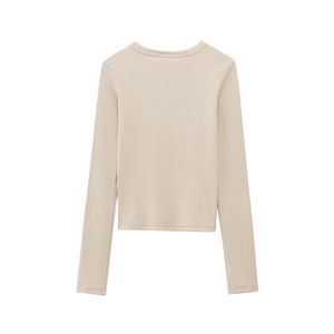 Detail shot of beige crew neck ribbed fabric long sleeve slim fit modal t-shirt