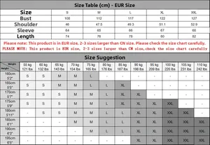Detailed size guide and measurements table for men's long sleeve cotton shirt in EUR sizes