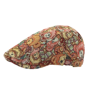 Retro ethnic jacquard beret hat for women featuring a cartoon bear pattern print