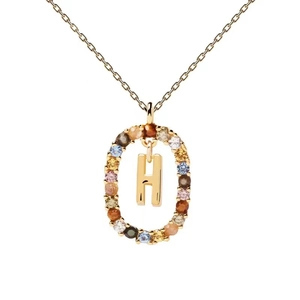 Detail of gold necklace with letter H pendant inside an oval multi-color zircon frame