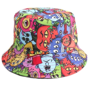Colorful bucket hat with cartoon monster graffiti print and reversible double-sided design
