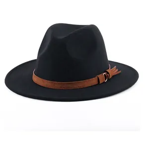 Vintage Wool Felt Fedora Hat Wide Brim Jazz Cap With Belt Buckle Tassel For Men Women Casual Fashion British Style