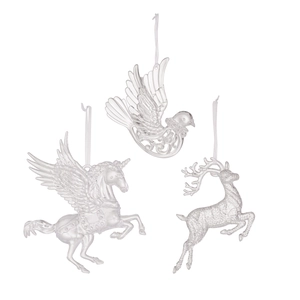 Set of 3 clear acrylic Christmas ornaments featuring Pegasus, bird, and reindeer shapes