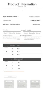 Size chart for yellow cotton tube top and A-line skirt set with detailed measurements