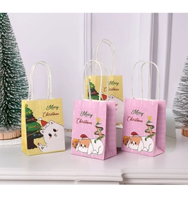 Close-up of small colorful Christmas gift bags with cartoon cat and dog illustrations