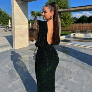 Women Sexy Backless Maxi Dress Long Sleeve Off Shoulder Glitter Shiny Bodycon Party Evening Clubwear