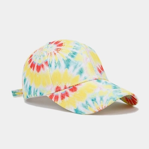 Macro detail of a colorful tie-dye cotton baseball cap with adjustable back strap
