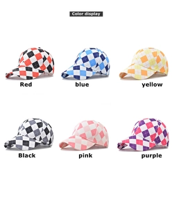 Color display of checkered baseball caps in red blue yellow black pink and purple