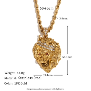 18K Gold plated stainless steel lion head crown pendant with 60cm twist chain necklace