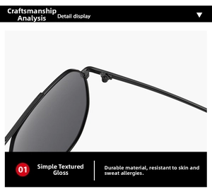Detalle de la montura de gafas de sol negro mate con bisagra metálica muy resistente