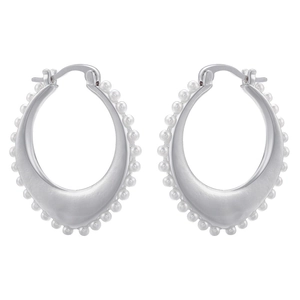 French vintage silver oval C-shape hoop earrings with small pearl edge on white background