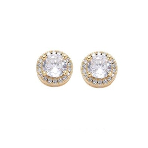 Close-up of gold-plated stud earrings with center zircon and paved halo design
