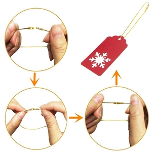 Instructional steps for using gold bullet head tag strings with red snowflake gift tag