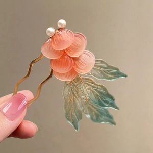 Épingle à cheveux en U dorée avec ornements en verre de kaki, perles et feuilles dorées