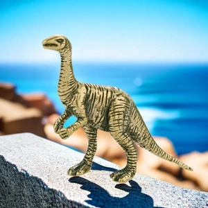 Macro detail of antique copper dinosaur figurine with textured skin on a stone surface