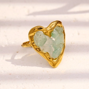 18K gold-plated stainless steel heart ring with green tiger eye stone inlay on stone base