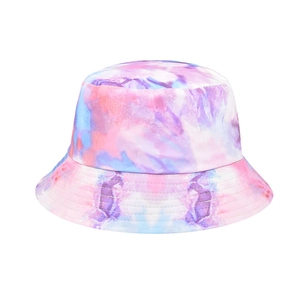 Detail of colorful tie-dye bucket hat featuring pastel pink blue swirls and reinforced stitching