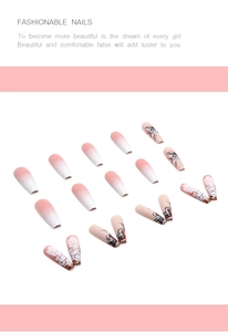 Long ballet press-on nails with pink gradient and hand-painted 3D white flower design