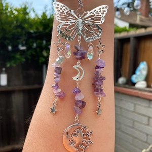 Butterfly Crystal Suncatcher Wind Chime With Natural Stone Beads Sun Moon Star Metal Hanging Ornament For Garden Decor