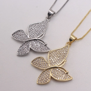 Polished butterfly pendant necklaces in gold and silver finish with micro-pave zircons
