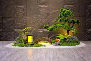 Zen artificial moss micro landscape with pine tree stone lantern and arched bridge