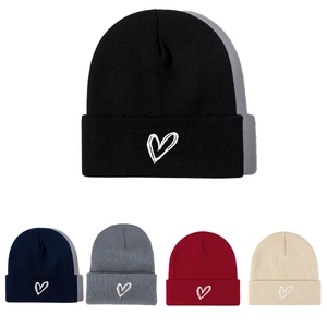 Unisex Heart Embroidered Knit Beanie Hat Warm Winter Cuffed Solid Color Acrylic Soft Elastic Skull Cap For Men Women Headwear