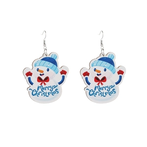 Cute cartoon snowman acrylic earrings with Merry Christmas print and festive blue bow ties
